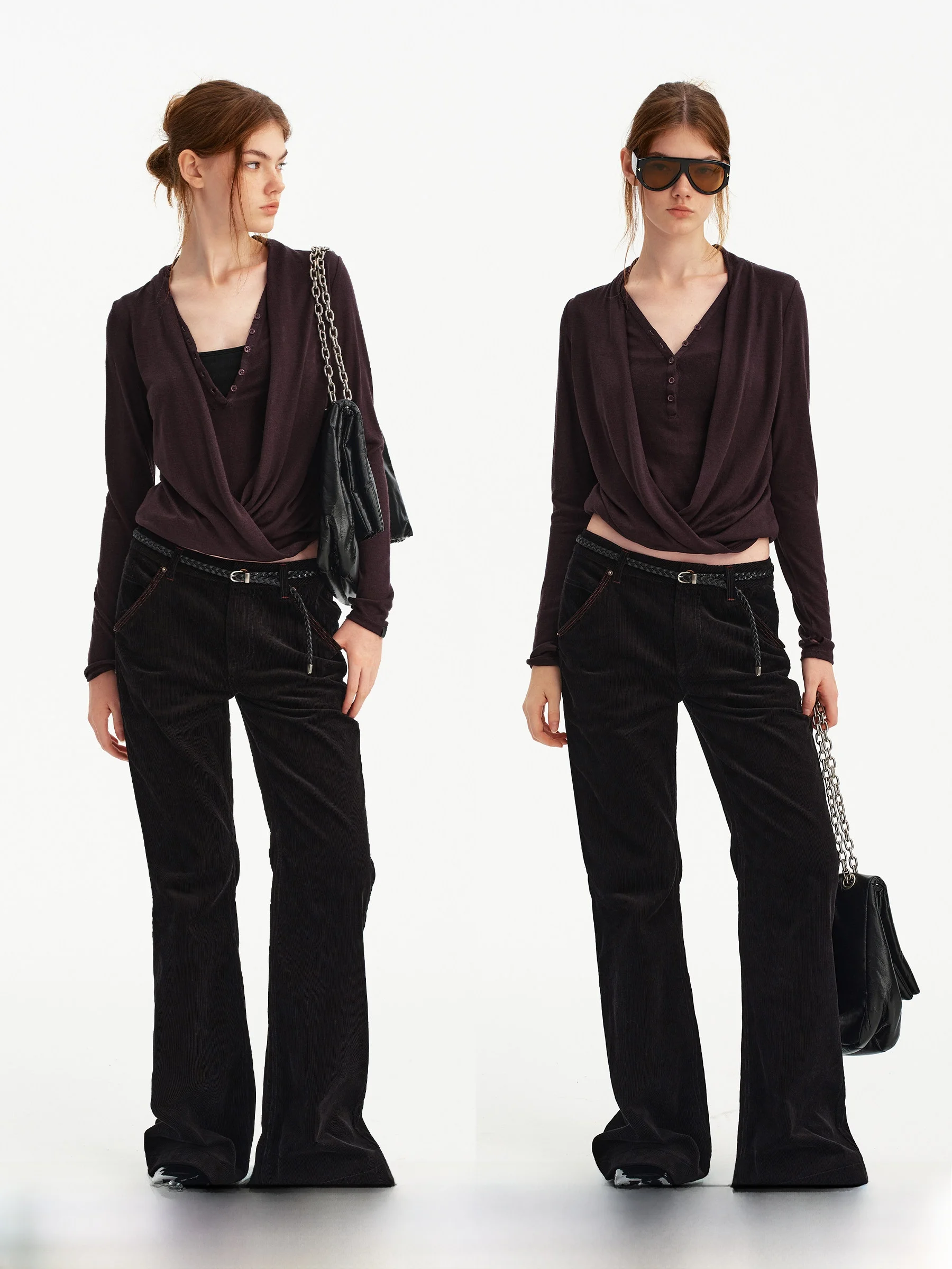 

Женская приталенная длинная футболка с V-образным вырезом, перекрестным драпированием, из вискозы и льна, с чистым дизайном.