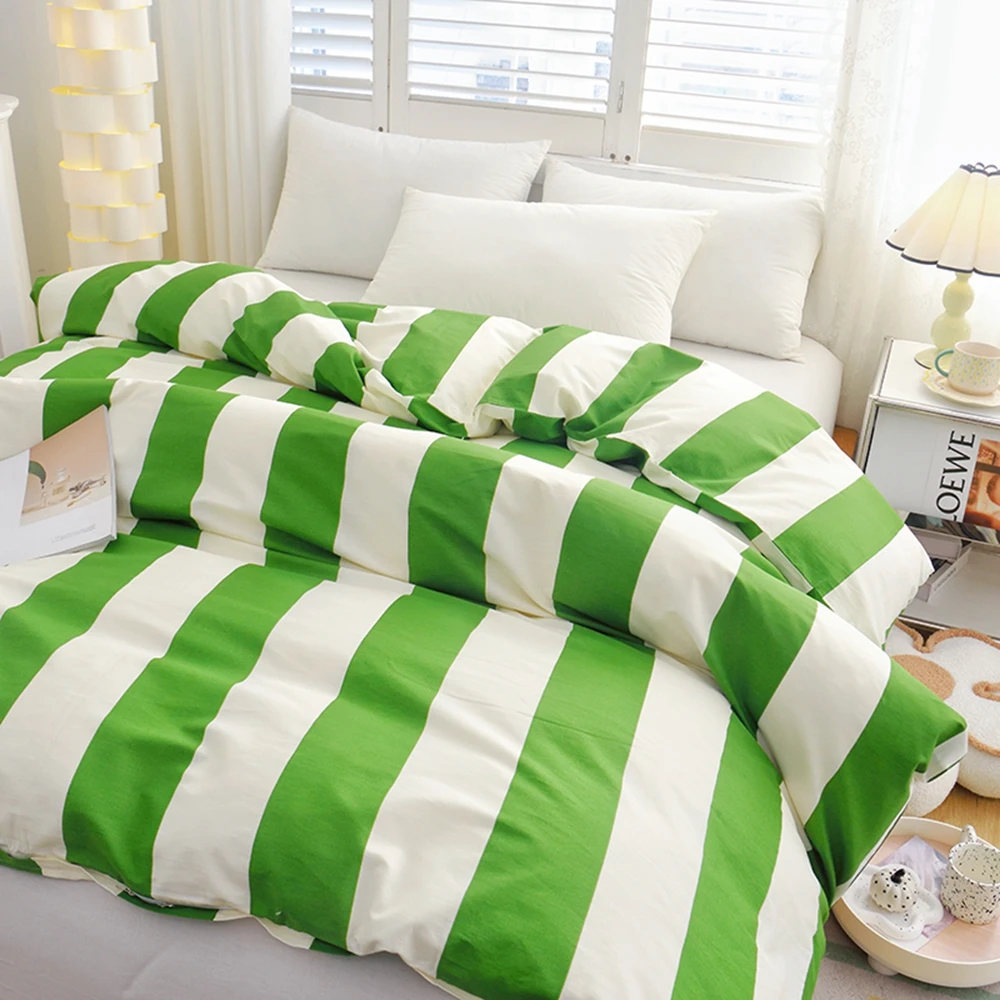 1pc Duvet Cover 100% Cotton Comforter Cover Green Stripes Style Bedding Quilt Cover Girls Room Blanket Covers (No Pillowcase)