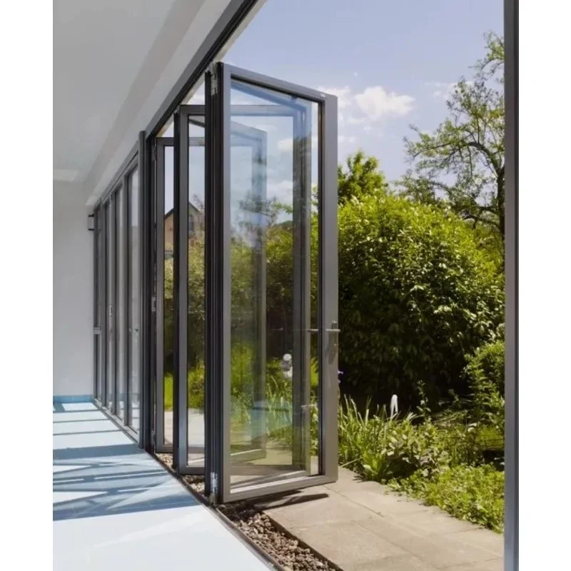 Latest Design Modern Aluminium Slim Frame Clear Glass Bifold Security Door For Interior Outdoor Windproof  Durable High Strength