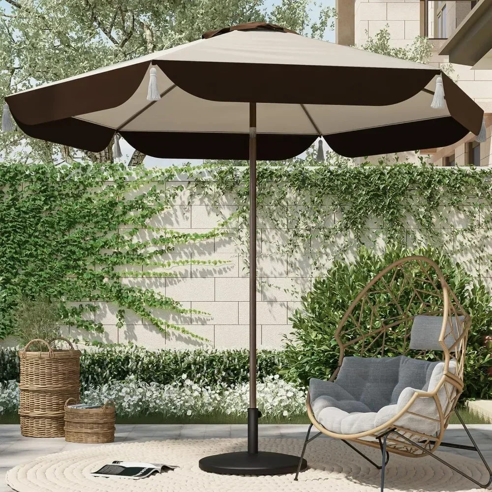 Patio Umbrella with Fringe, Outdoor Tassel Umbrella with Push-Button Tilt for Poolside, Deck, Garden, 9FT Patio Umbrella