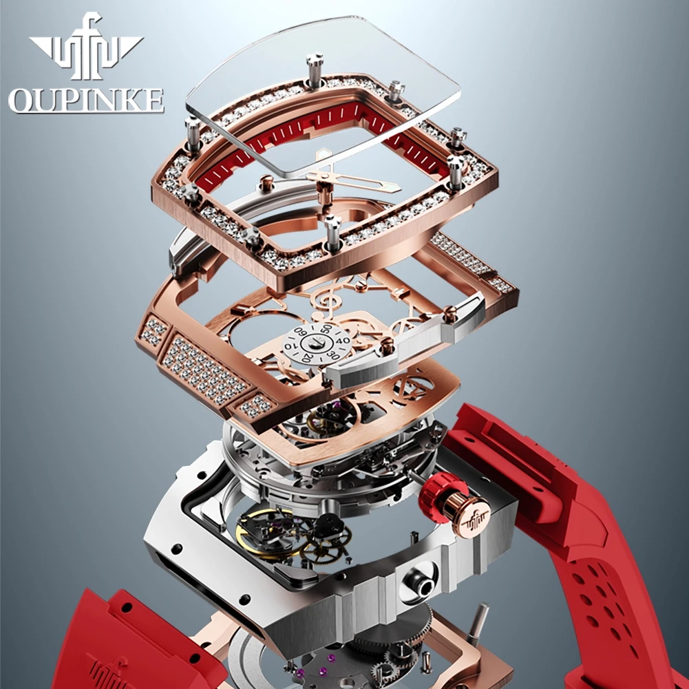 OUPINKE 3220 Flywheel Women Mechanical Watch Luxury Hollow Diamond Women Watch Silicone Strap Sapphire Mirror Women Dress Watch