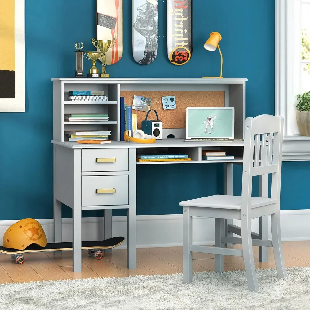 

Taiga Desk, Hutch and Chair - Gray: Kids Wooden Computer Study Desk Set with Storage Shelves, Corkboard, and Drawers |Children's