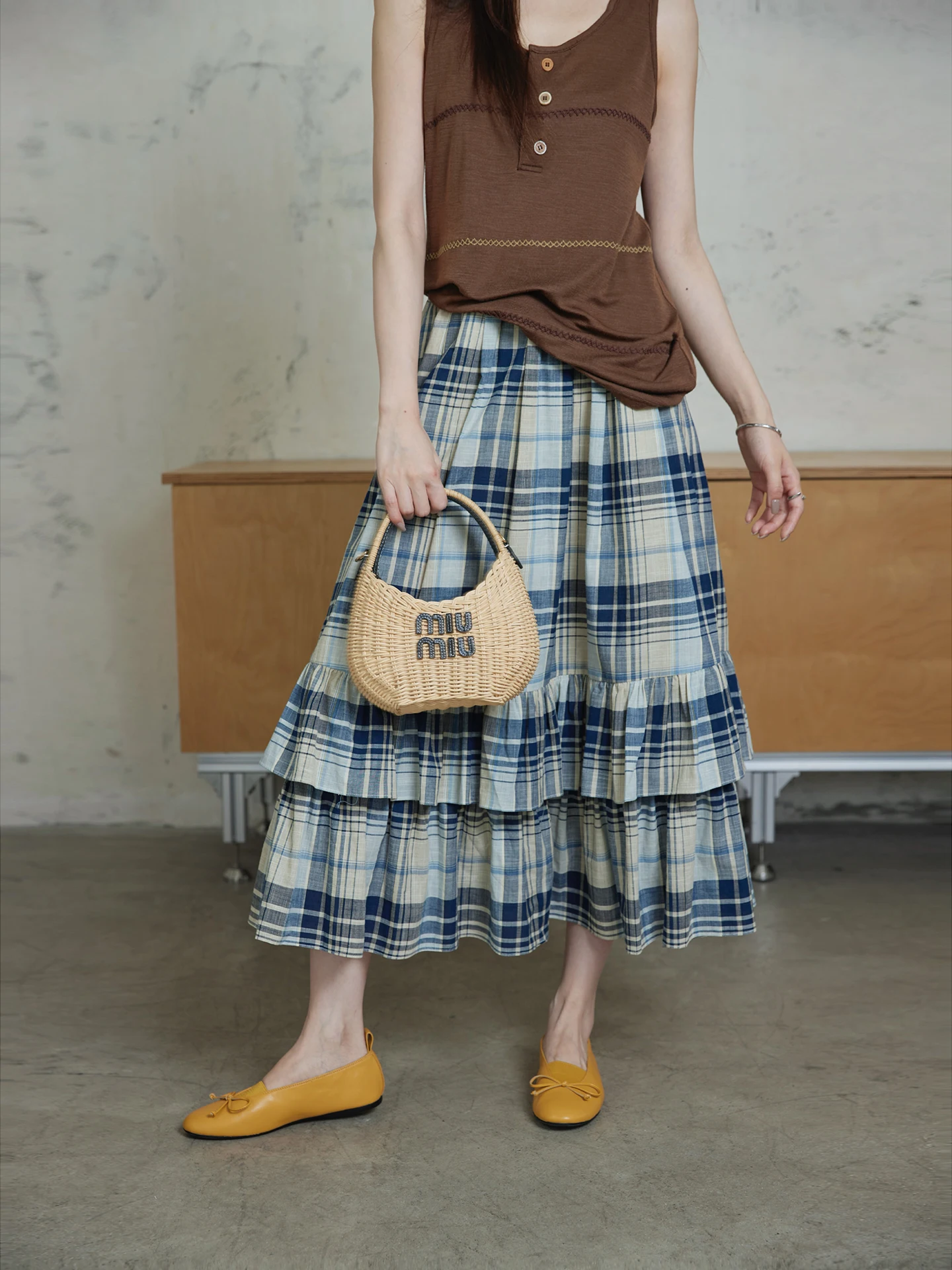 

High Densi Color Woven Plaid Skirt 00% Combed Cotton 4m A-Line YKK Lace Hemline mid Waist Casual Sle Women's Skirt