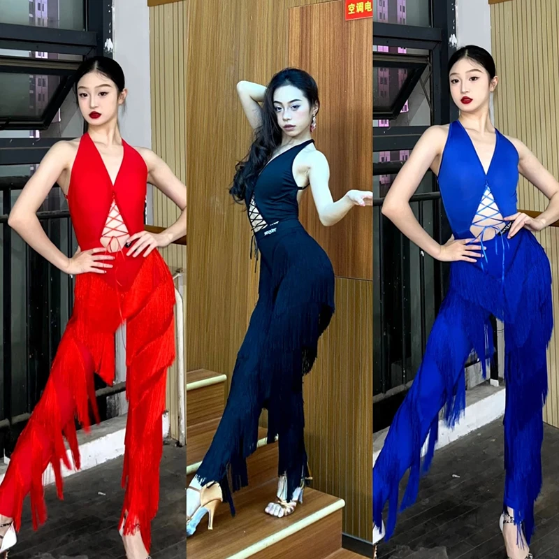 2024 New Latin Dance Pants For Women Hanging Neck Top Tassel Pants Suit Adult Chacha Rumba Tango Latin Performance Wear DQS16028