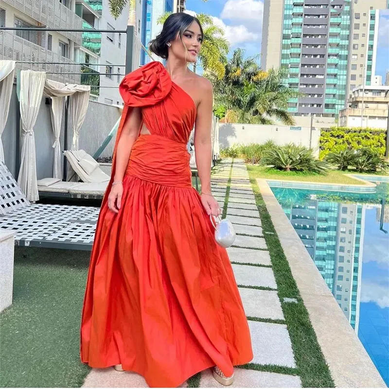 Vestidos femininos vintage de tafetá com um ombro, vestido laranja plissado de baile, vestidos de festa até o chão, longo