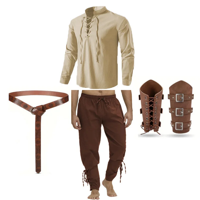 Ensemble de costumes de la Renaissance pour hommes, 4 pièces, chemise de pirate médiévale, pantalon à bande à la cheville, tenue d'halloween