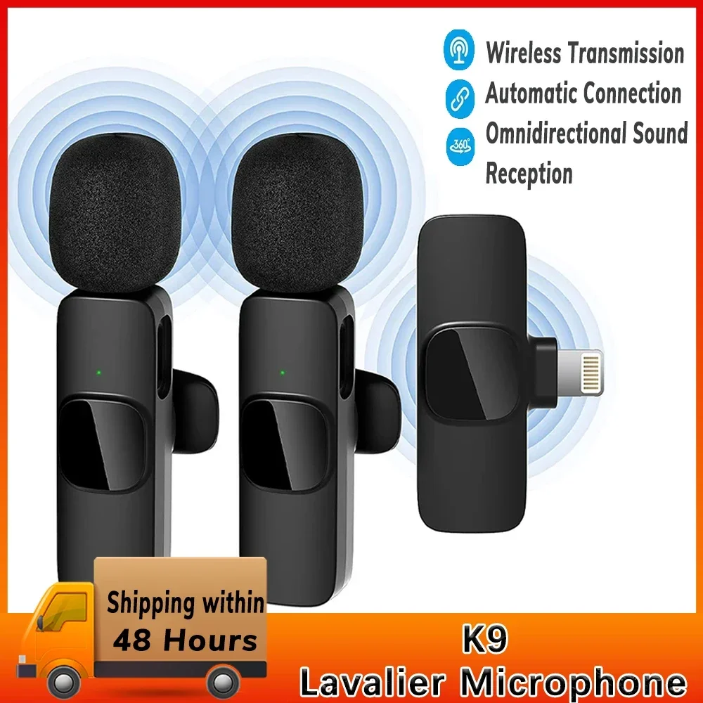 K9 Microfone Portátil Sem Fio, Mini Lapel Mic, Lavalier, Áudio, Gravação de Vídeo, iPhone, iPad, Tipo C, Telefone, 3,5mm
