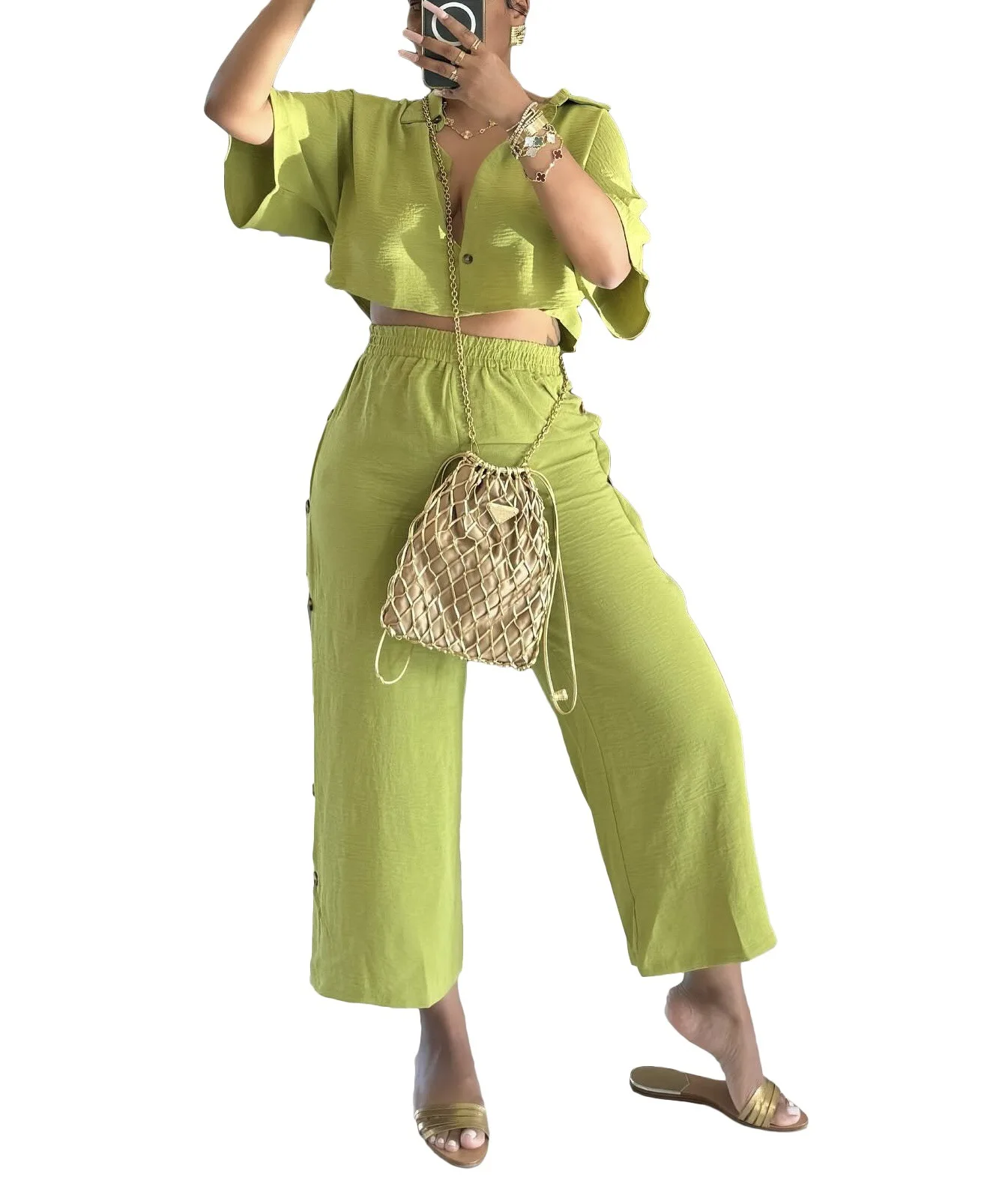 Três irmãs primavera verão moda casual conforto férias à beira-mar mulher roupas cor sólida senhoras conjuntos de duas peças pantsuits