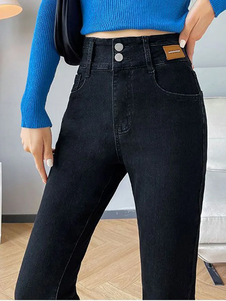 ผู้หญิงสบายๆวินเทจตรงกางเกงยีนส์เกาหลีแฟชั่นเอวสูงStreetwearยืดกางเกงยีนส์กางเกงฤดูใบไม้ผลิฤดูใบไม้ร่วงผอมSolid Vaqueros