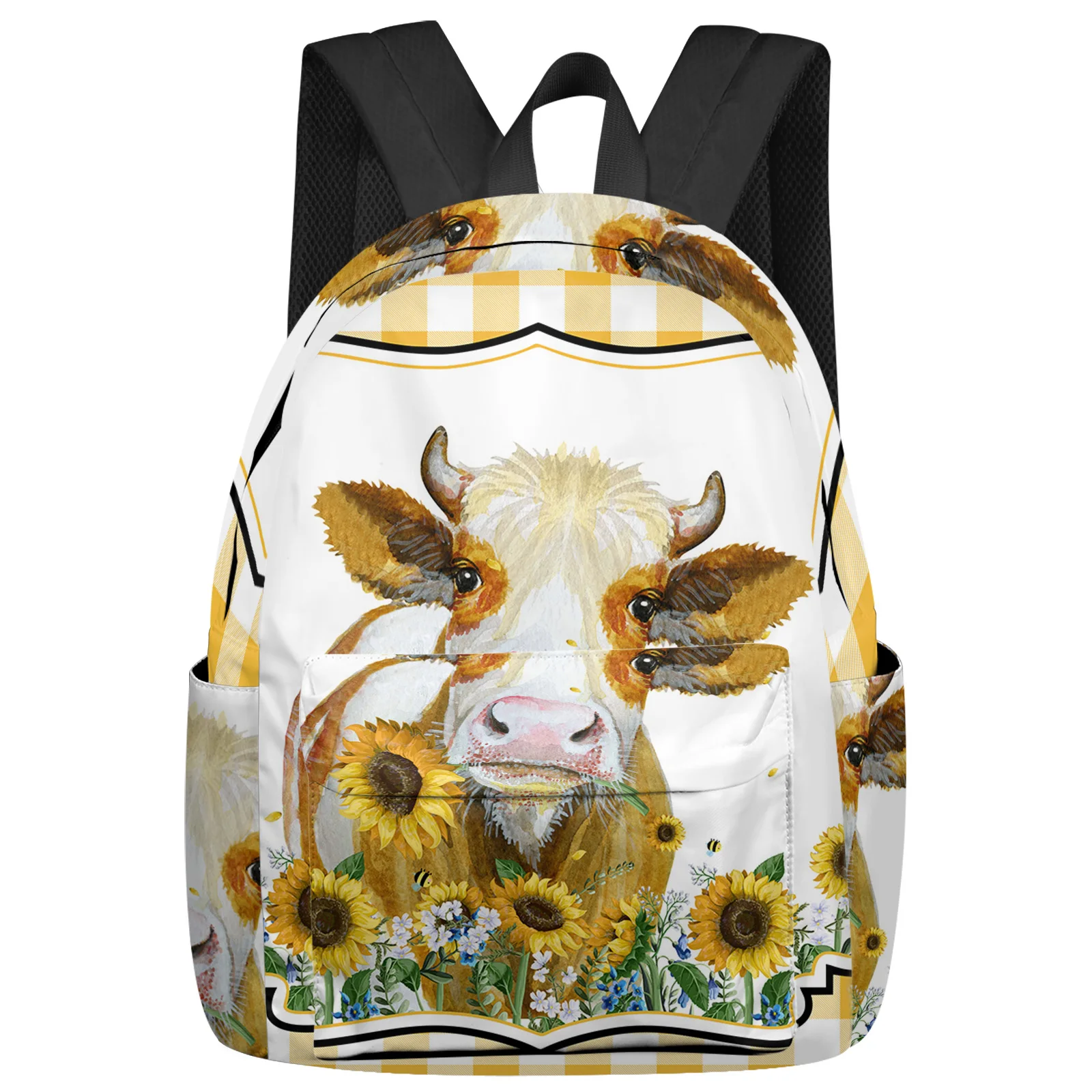 American Country Style Farm Cow Sunflower Yellow Plaid Women Man Backpacks Waterproof School Backpack For Student Bag Mochila