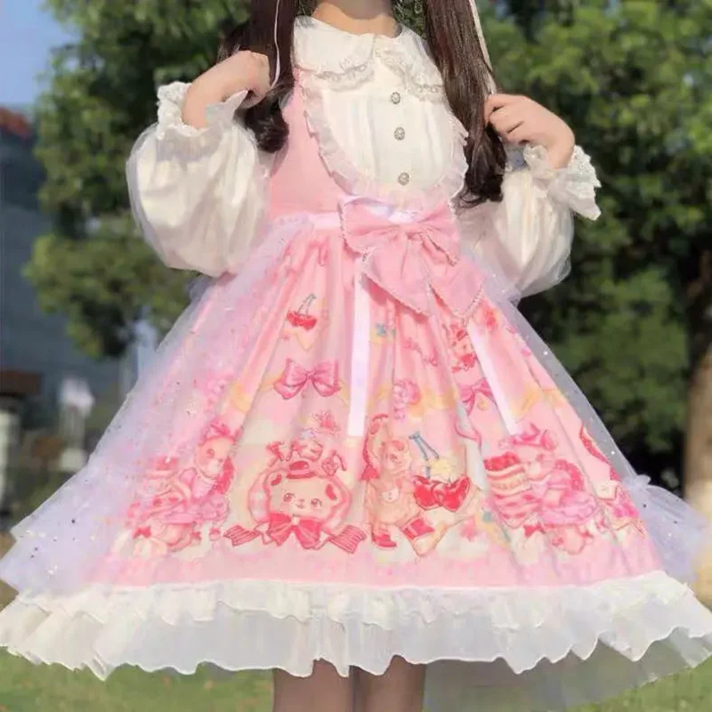 Vestido Lolita Sling para crianças, Doce e bonito, Vestido Kawaii para meninas, Pink Wear, Produtos de alta qualidade, 6 a 14 anos