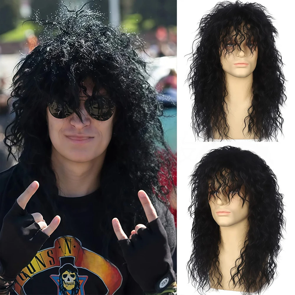 

Retro Rock Singer Cosplay Wig 24inch Button Net High-temperature Silk Festival Party Mid-length Fluffy Curly Unisex Whole Wig