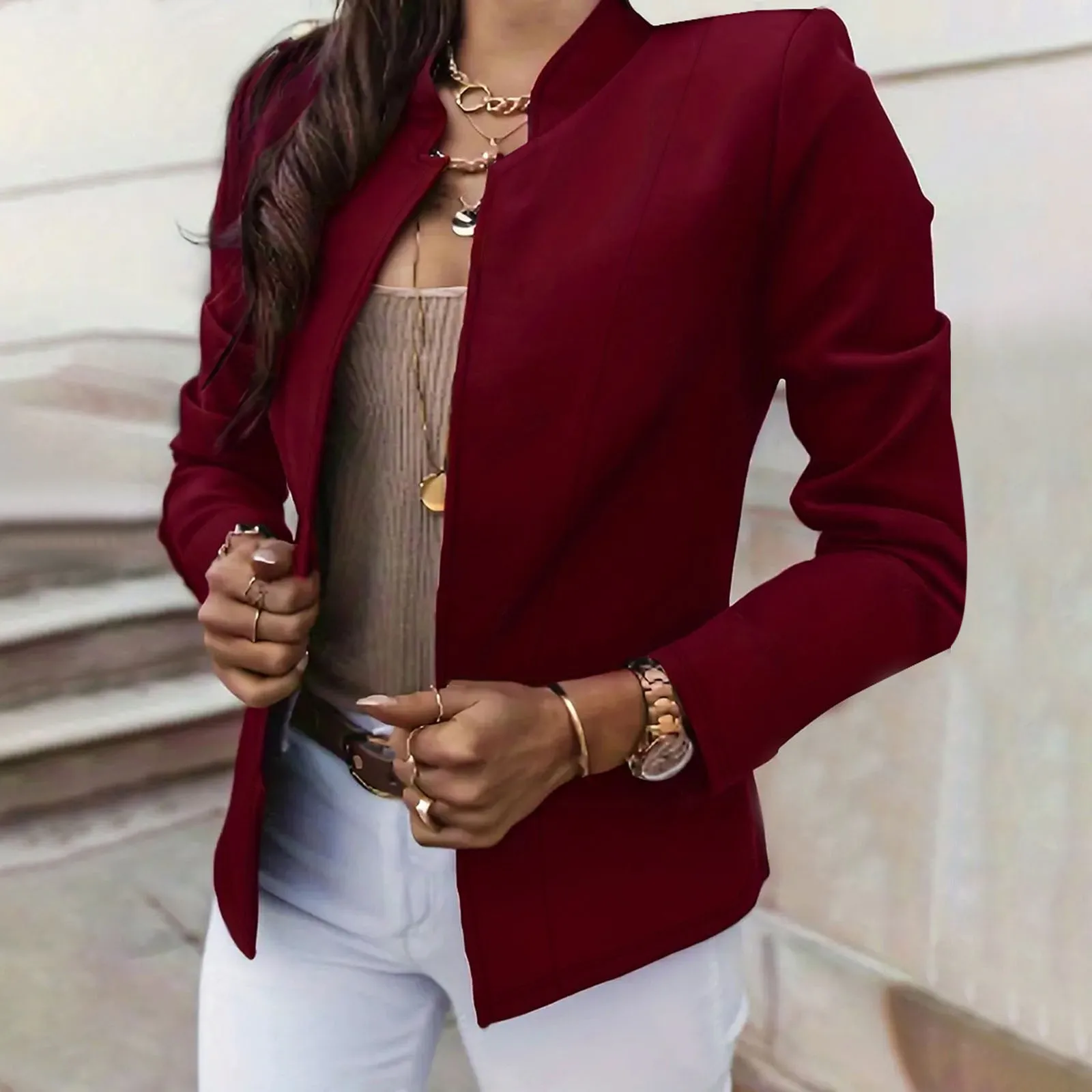 Women's Casual Slim Fit Solid Color Tops Button Long Sleeved Standing Collar Business Suit Jacket Trendy Office Short Suit Coat