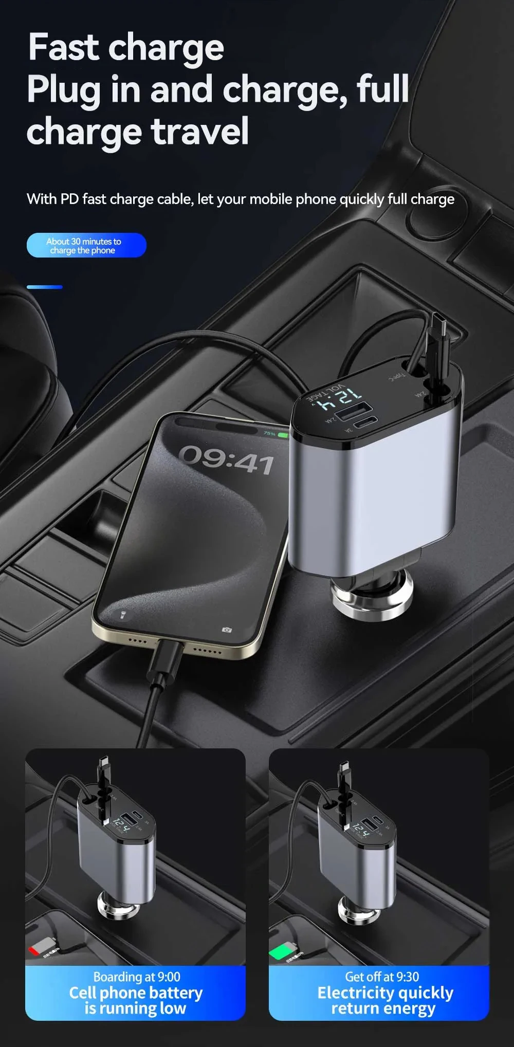 4-in-1 Einziehbares Auto-Ladegerät 120W USB-C Auto-Ladeadapter mit 2 USB-Anschlüssen für iPhone 16 15 Samsung – Detail 4