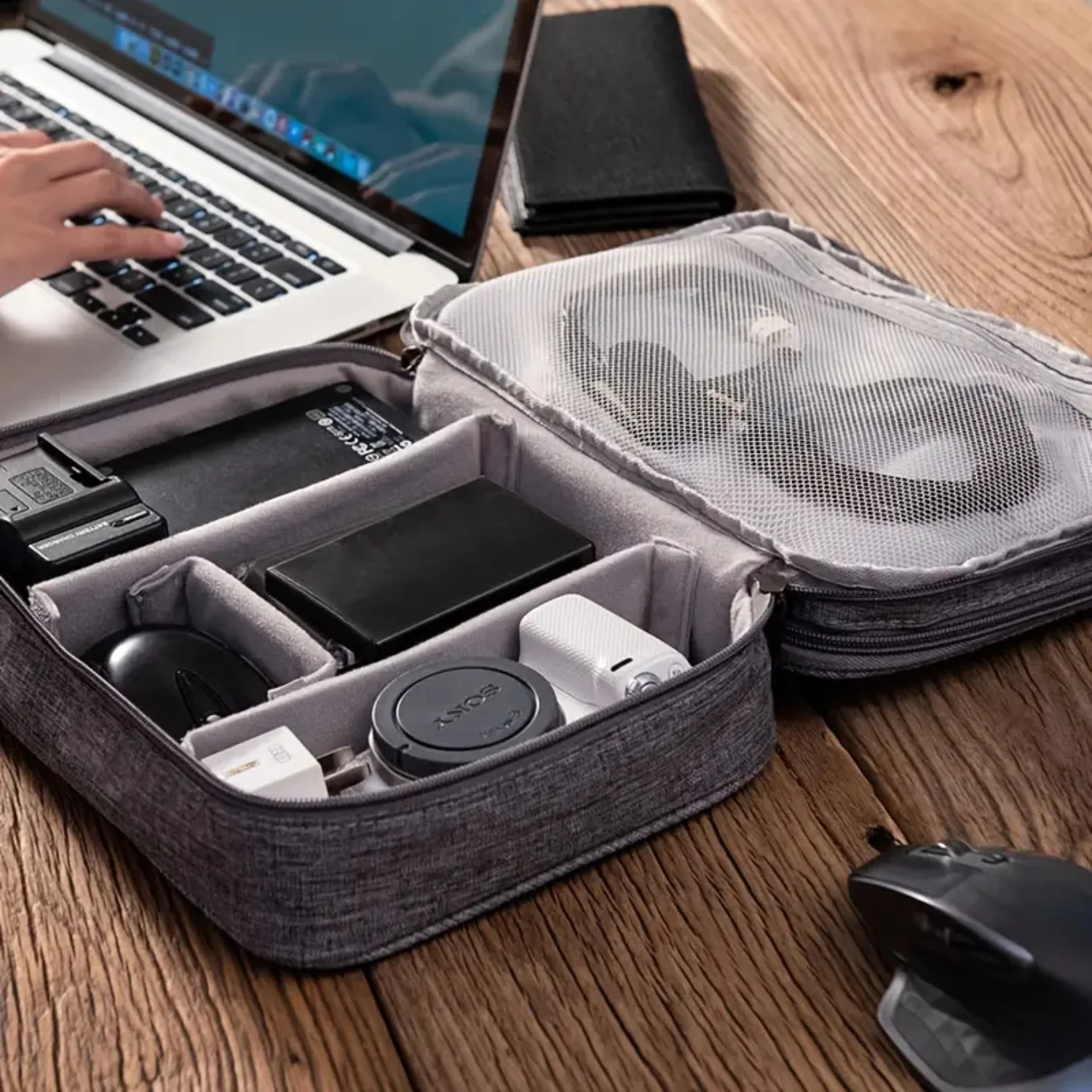 Large-capacity, double-layer storage bag for organizing chargers and digital products is a must-have accessory for travel and da