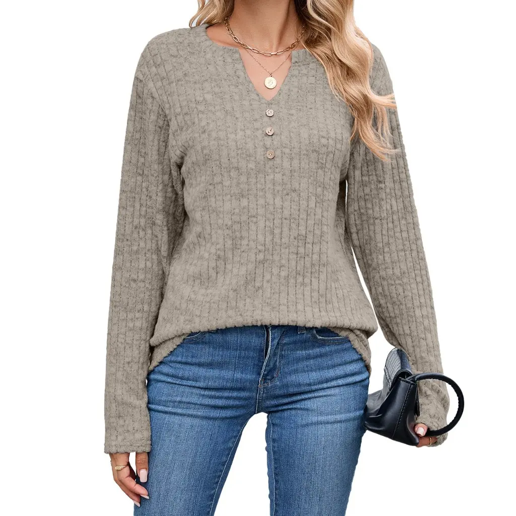 

Trade Loose Long-Sleeve V-Neck Button-Up T-Shirt Women's Autumn Winter New Style Top Ladies In Stock