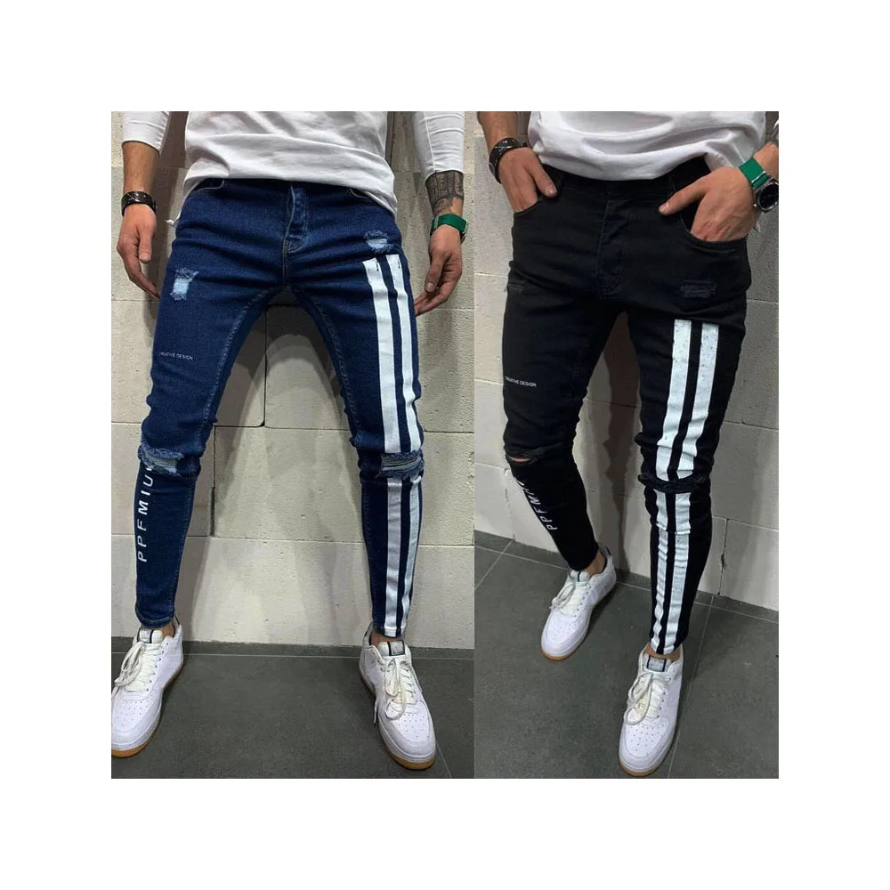 Men's stretch paint cover tear small foot jeans Men's fashion ripped slim hip hop pants casual personality striped jeans men