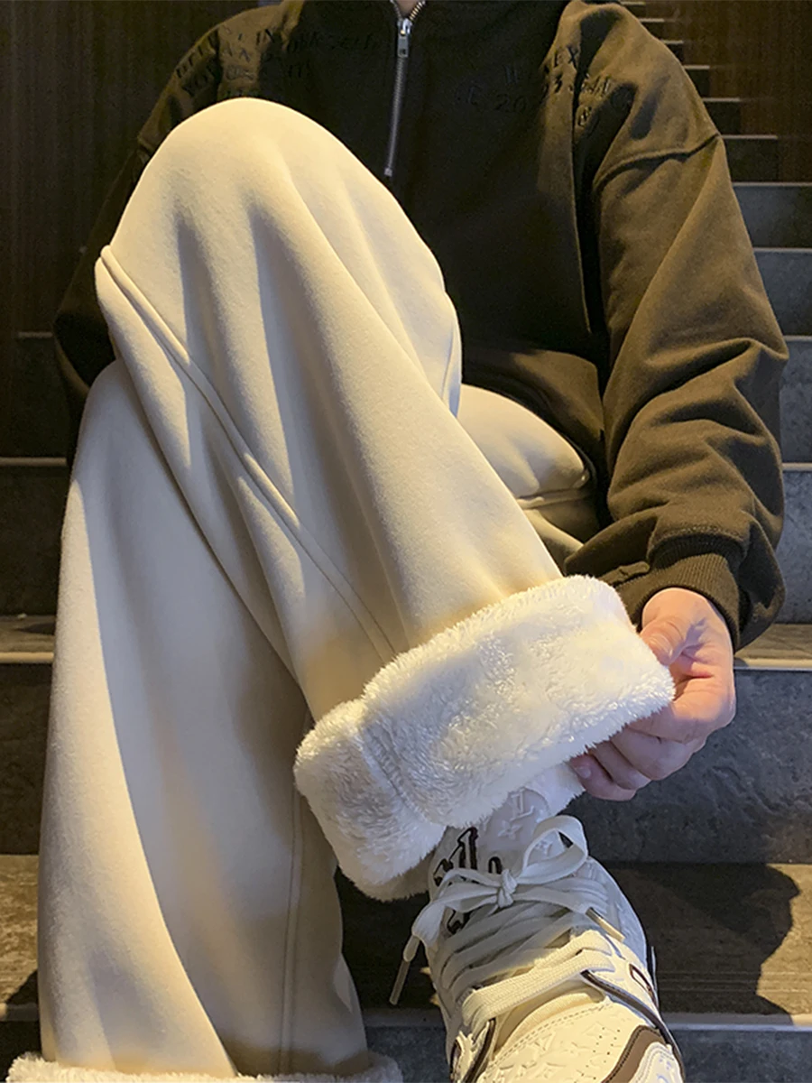 

Men's Thiened Fce Lined Casual Pants Winter Warm Lamb Velvet Cotton Straight Loose Slimming Leisure Trousers