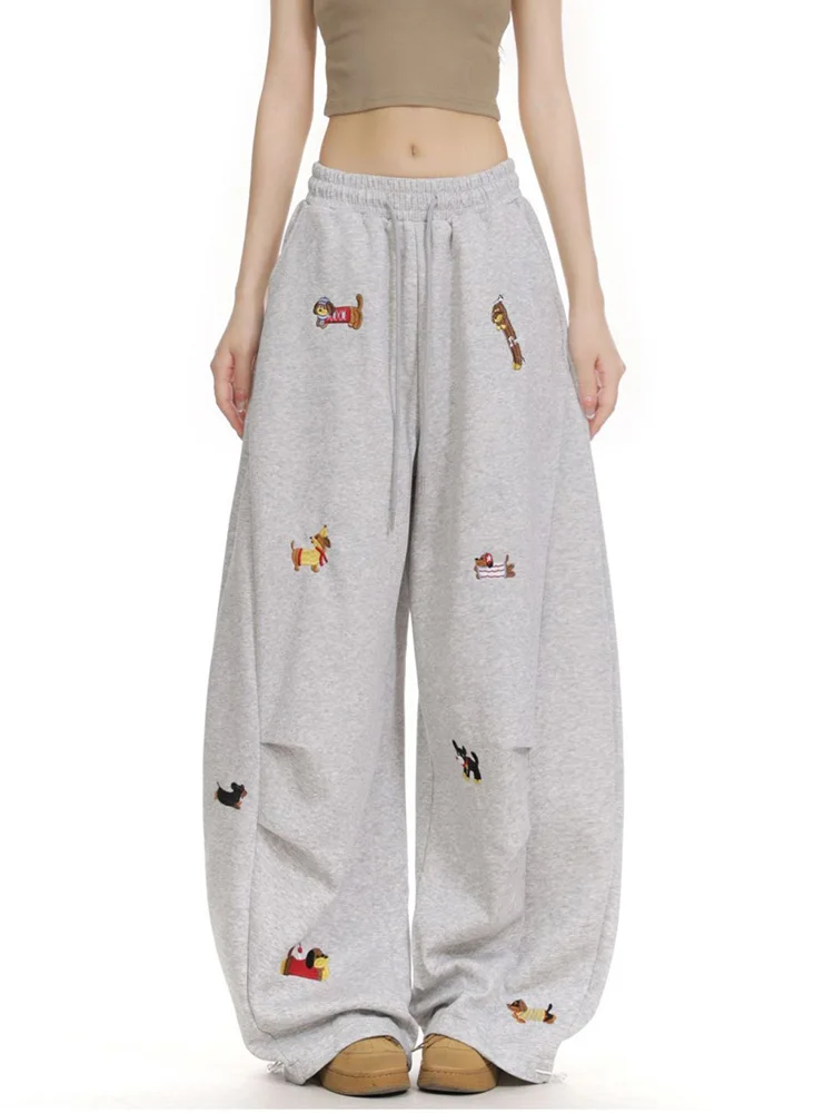 Bordado dos desenhos animados y2k sweatpants feminino vintage americano cintura alta perna larga calça streetwear solto casual bf primavera novo