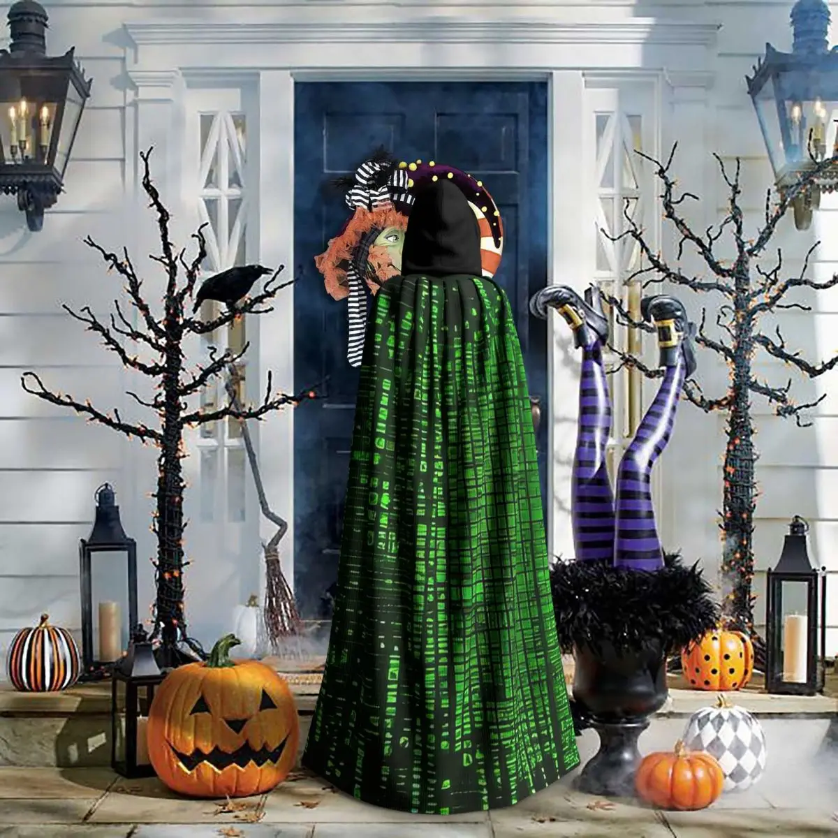 ديناميكية مصفوفة ثنائية رمز طويل مقنع عباءة ساحرة القرون الوسطى زي تأثيري كيب HalloweenParty الكبار للجنسين
