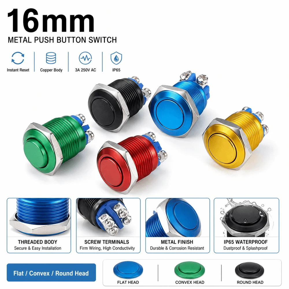 16MM Reset Push Button Switch High Round Head Instant Reset Pushbutton Switch Screw Pin Flat Top Metal Switch
