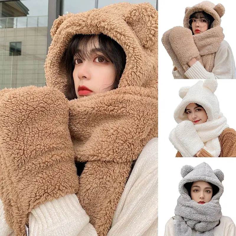 

Winter Lamb Wool 3-in-1 Cute Bear Ear Hat Scarf Gloves Set Women Caps Warm Casual Plush Neck Hats Casual Fleece Girls Beanies