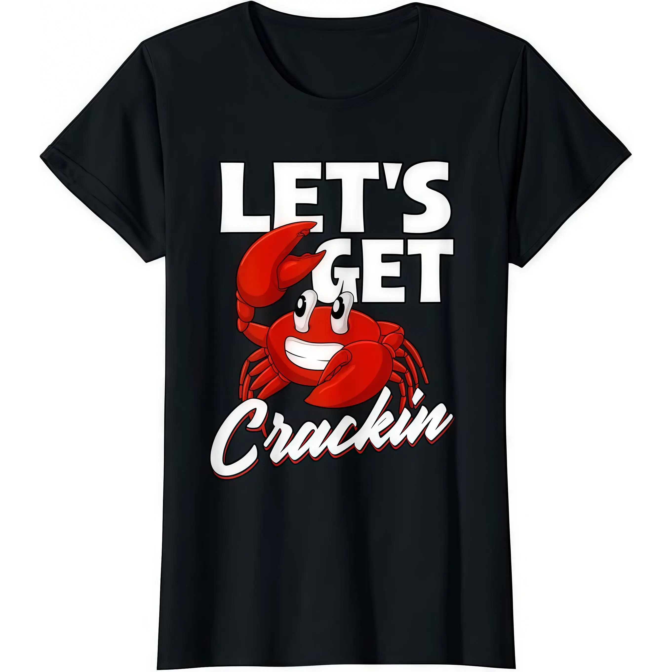 

Women's Funny Crab T-Shirt "Let's Get Crackin'" Seafood Lover Graphic Tee Summer Beach BBQ Humor Gift Top