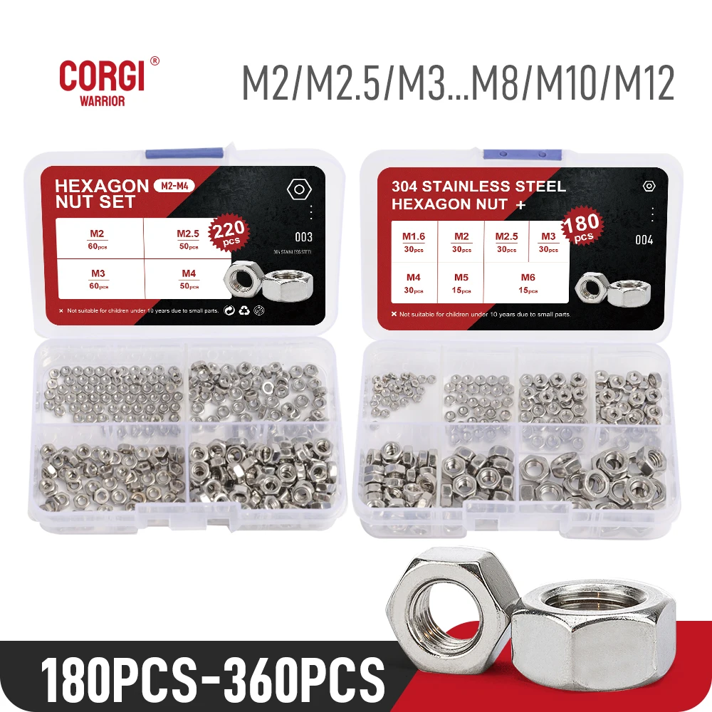 Hexagon Nut Set DIN934 180/210/220/335/360 Pcs M1.6 M2 M2.5 M3 M4 M5 M6 M8 M10 M12 304 Stainless Steel Hex Nuts  Assortment Kit