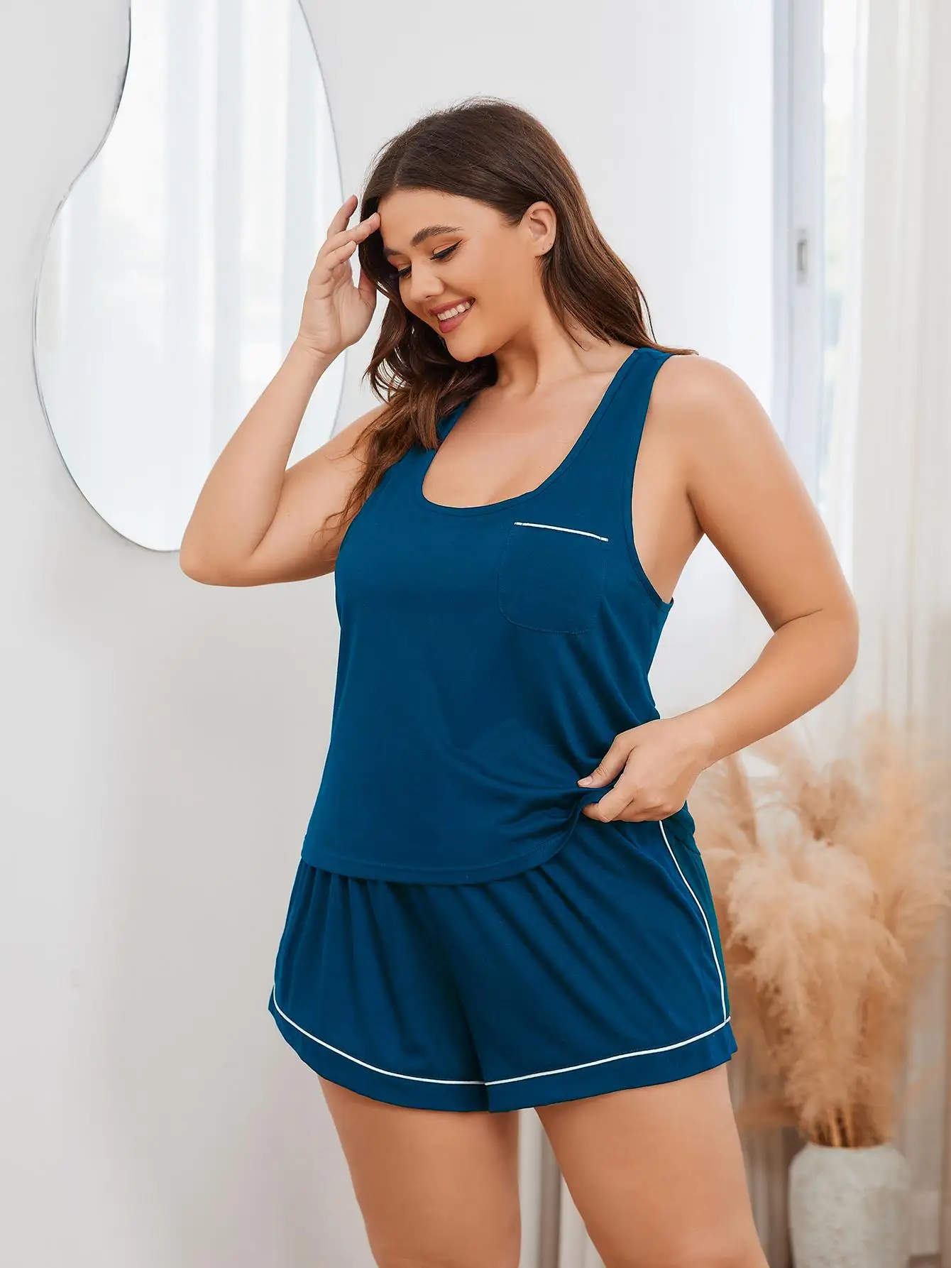 Plus Size Racerback Women\'s Pajamas Set Sleeveless Camisole Top & Shorts 2 Pieces Sleepwear Pijamas Suit Summer Nightwear