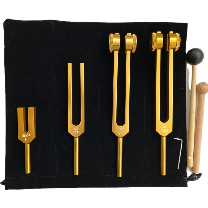 4 Piece Tuning Forks (4096C, MI528, 128C, OM136.1) For Solfeggio, For Chakras, Sound Healing, Stress Relief, Gold