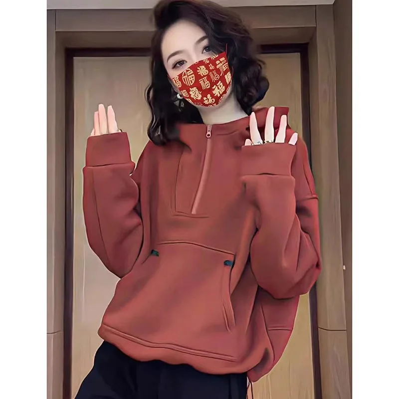 

2024 Autumn/winter Solid Color Casual Hoodie, Women's Pocket Creative Sportswear, Streetwear, Women's Wool Unisex Pullover