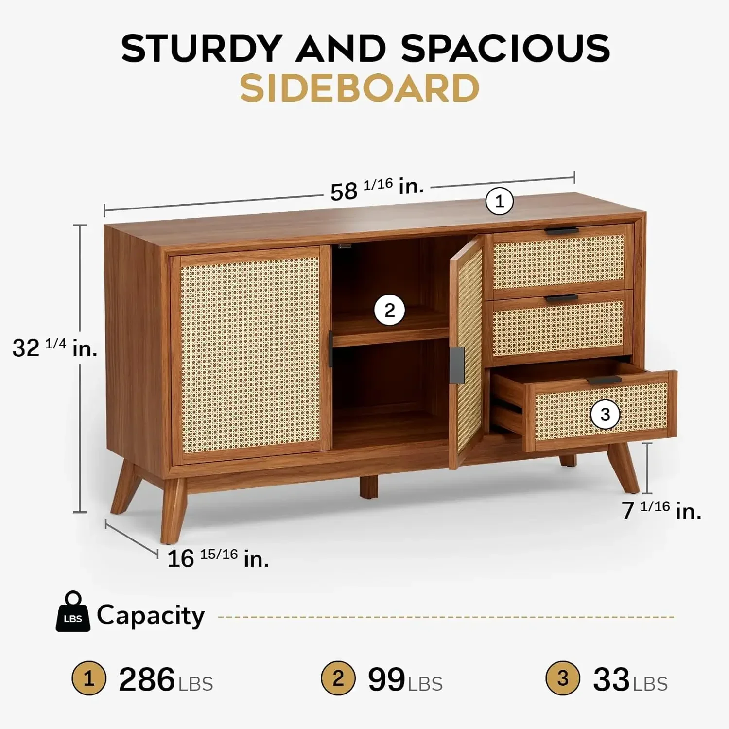 Rattan Pre-Assembled Buffet Sideboard with 3 Drawers&2 Doors,58