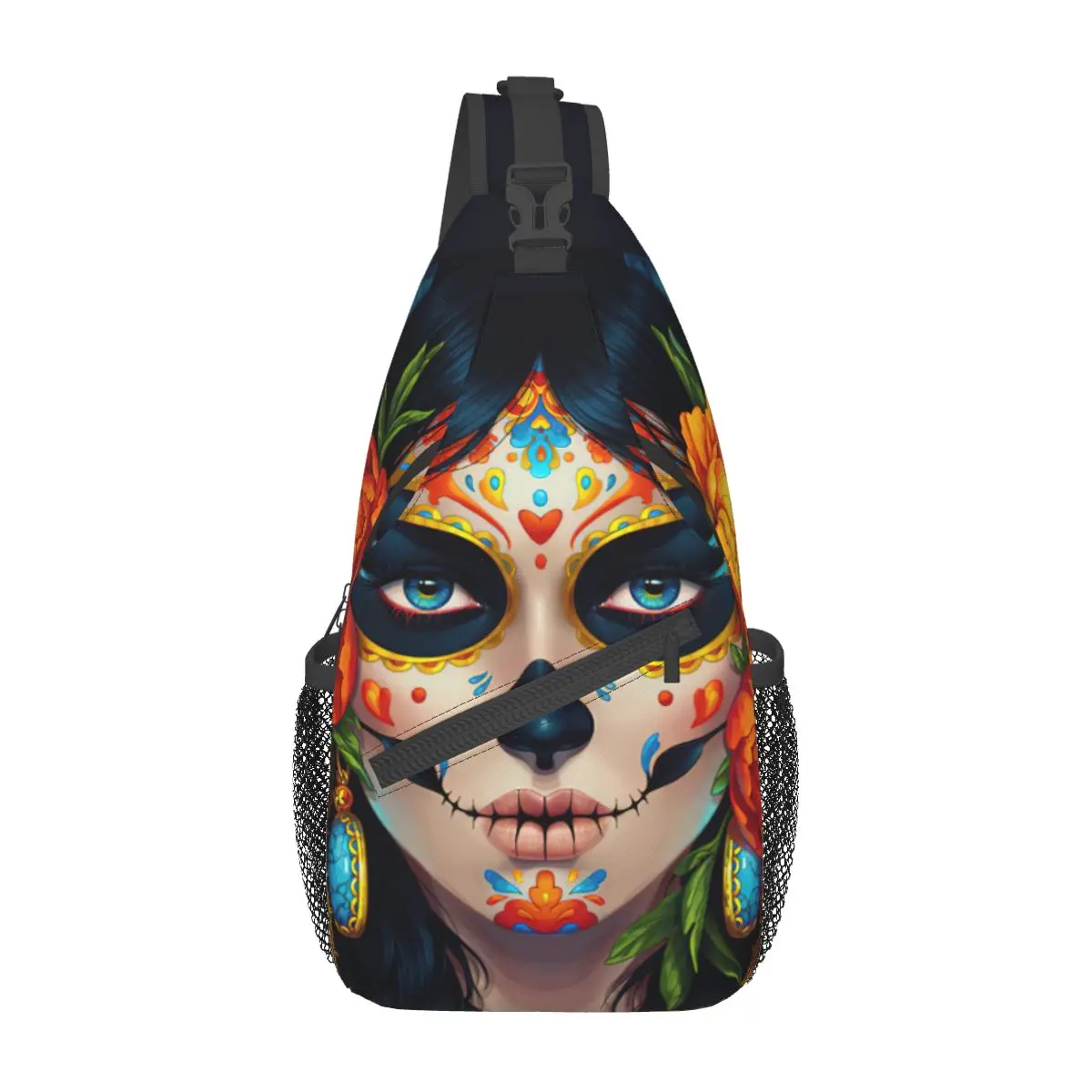 Sugar Skull Halloween Crossbody Sling Bag Pattern Chest Bag Santa Muerte Shoulder Backpack Daypack Hiking Travel Sports Bookbag