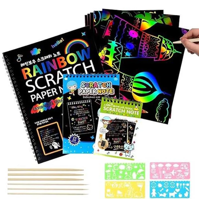 เด็ก DIY Rainbow การพิมพ์ Magic Scratch กระดาษสีดํา Scratch Off กระดาษ Art Craft ของขวัญเด็ก Notepad ของเล่นเพื่อการศึกษา