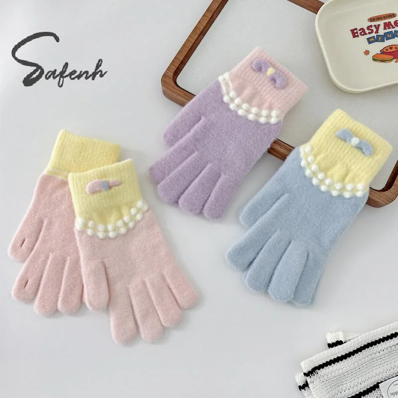 

2025 милые вязаные плюшевые перчатки с бантом, осенние и зимние теплые милые студенческие зимние перчатки с пятью пальцами