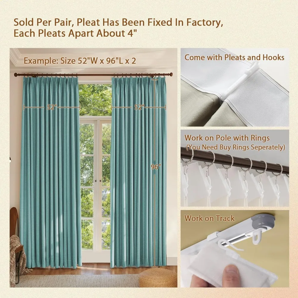 Blackout Curtains 100% Textured Linen, Pinch Pleat Design, 84 Length, Energy Efficient, Ideal for Bedrooms and Living Rooms