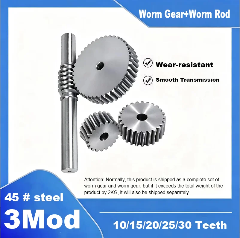 1Set 3Mod 45#steel Worm Gear+Worm Rod 10/15/20/25/30 Teeth Large Transmission Ratio Gearbox Wear-Resistant Smooth Transmission