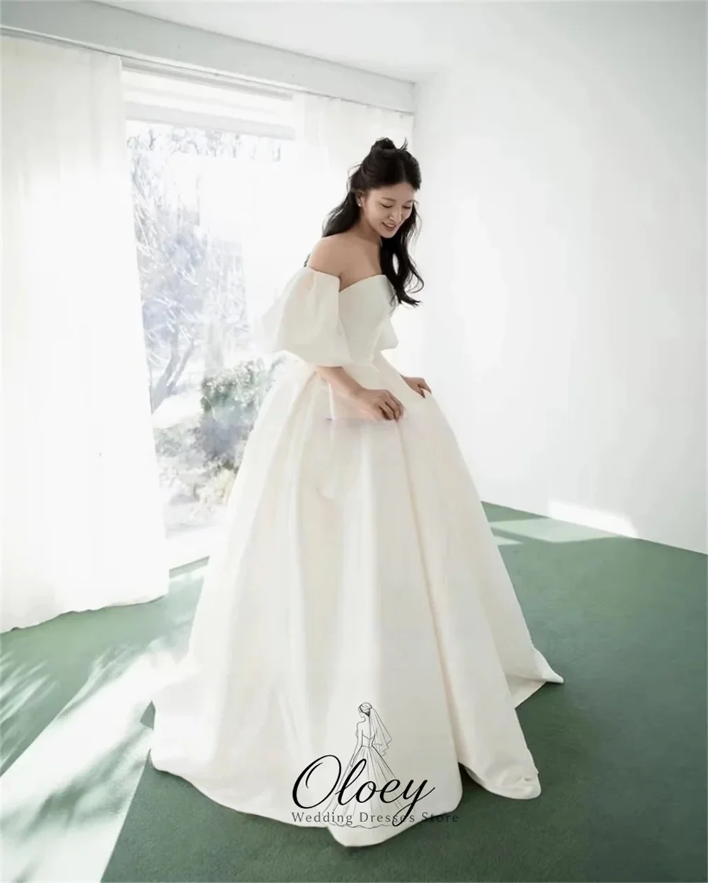 OLOEY Elegant Off The Shoulder Detachable Puff Sleeve Korea Wedding Dress Photo Shoot A-Line Satin Garden Bridal Gown Customized