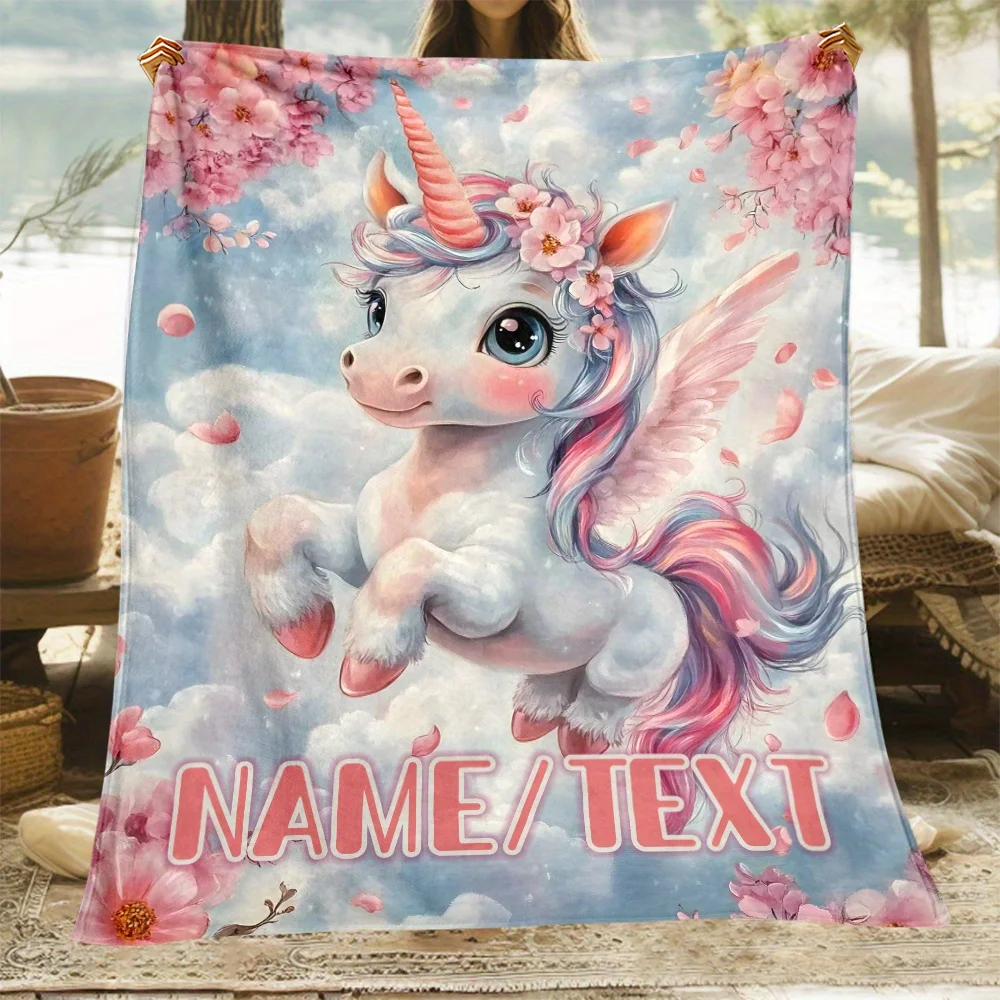 Personalisierte Flanell-Überwurfdecke mit individuellem Namen, rosa Einhorn und Kirschblüten für Sofa, Bett, Reisen, Camping, weich, warm, ganzjährig