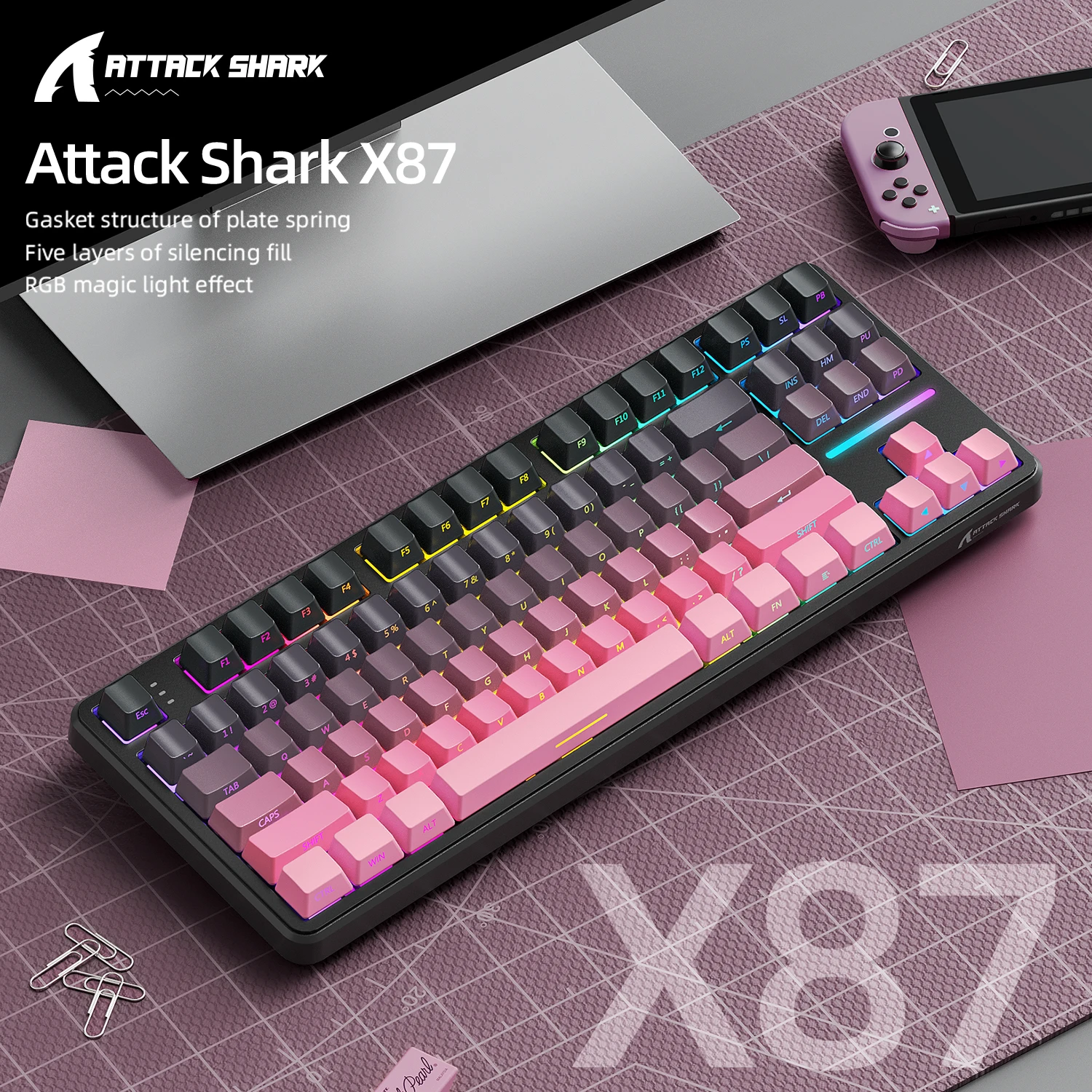 Attack Shark X87 Macro Drive Gaming Keyboard,Bluetooth Side Engraved Translucent Character Mechanical Keyboard,RGB,Hot-Swap