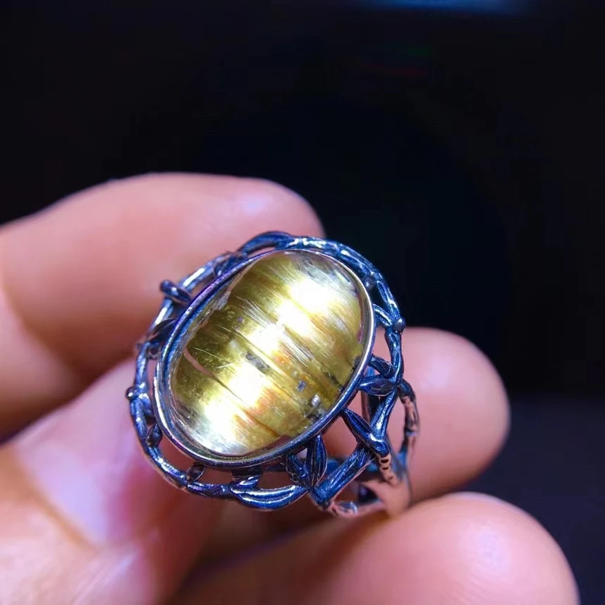 

Natural Gold Rutilated Quartz Adjustable Ring 13.5/9mm 925 Silver Women Ball Yellow Rutilated Beads AAAAAA