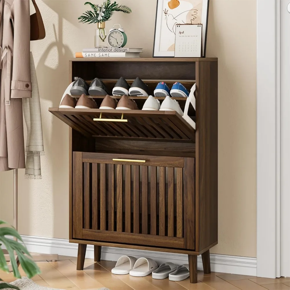 Shoe Cabinet for Entryway,Narrow Shoe Storage Cabinet with 2 Flip Drawer and Solid Wood Leg,Freestanding Slim Shoe Organizer for