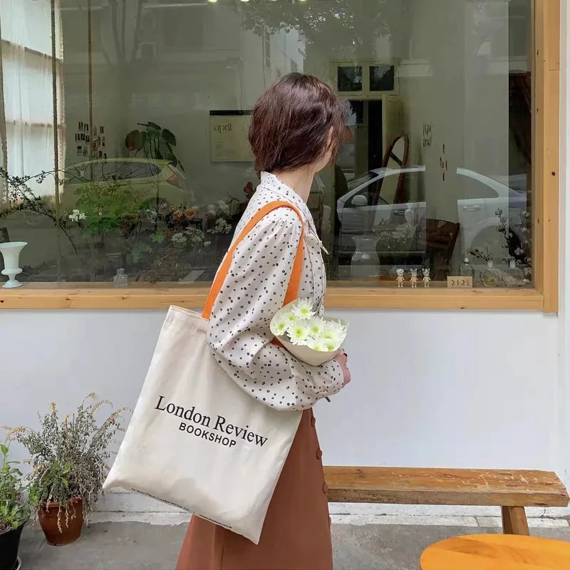 LOERSS Canvas Tote Bag Large Capacit Washable Book Bags Letter Print Shoulder Bag for Women's Shopping Fashion Simple Handbag