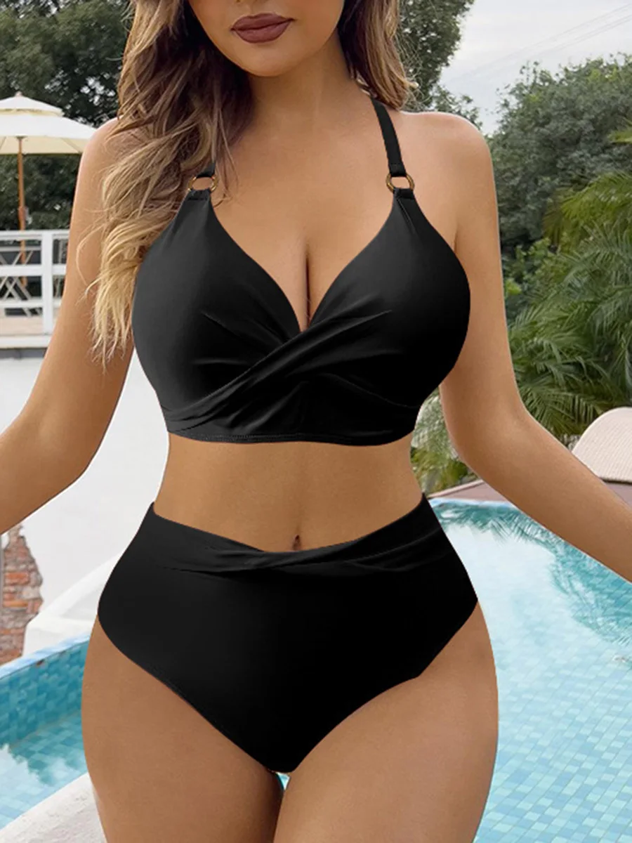 2024 Cross Ring Link Two Piece High Waist Bikini Women Swimwear Female Swimsuit Bathers Bathing Swimming Suit Beachwear Summer