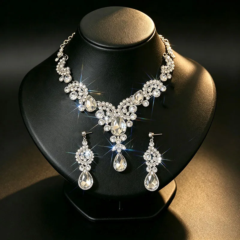 2 Pcs Champagne Droplet Rhinestones Pendant Necklaces Geometric C-shaped Ear Drops Charms Jewelry Sets for Party Anniversary H
