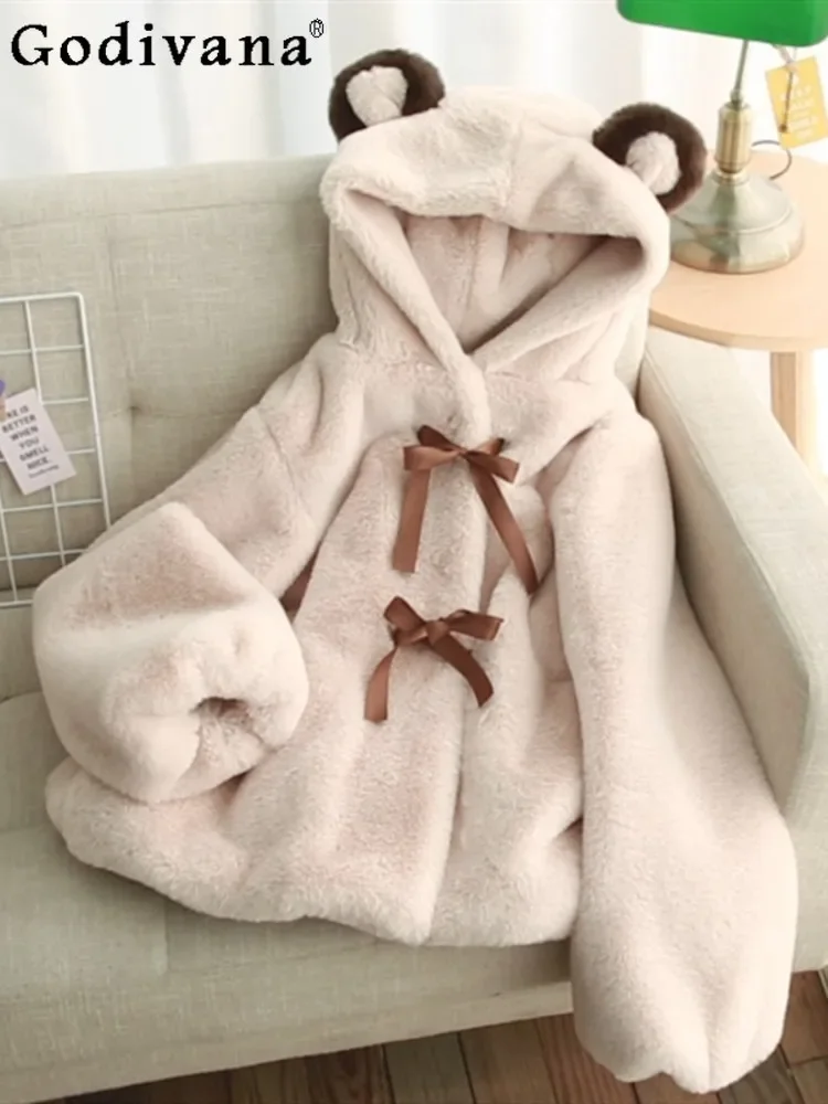 Girls Sweet Short Furry Jacket Womens 2024 Autumn Winter Fashion Student Kawaii Hooded Faux Fur Coat Female Loose Y2k Fur Jacket