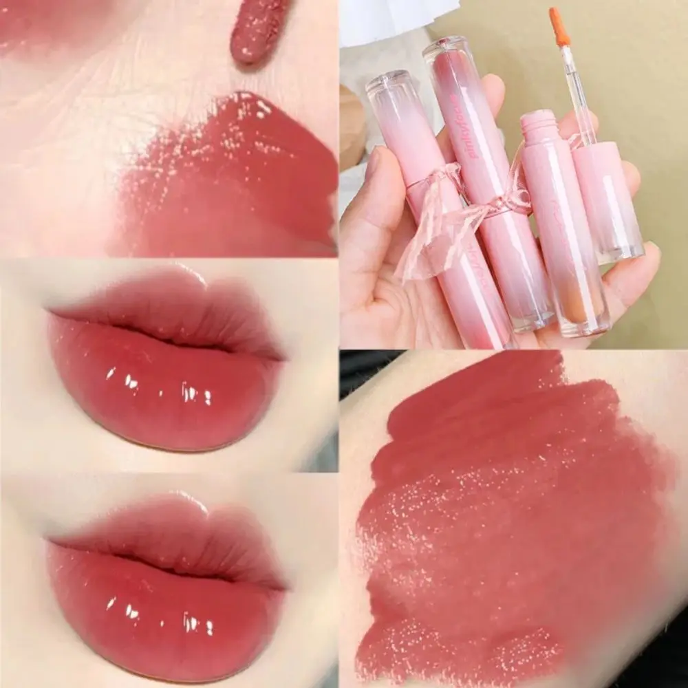 Bow Mirror Water Lip Gloss Waterproof Lasting Non-stick Cup Nude Red Translucent Jelly Lipstick Make-up for Women Korea Cosmetic