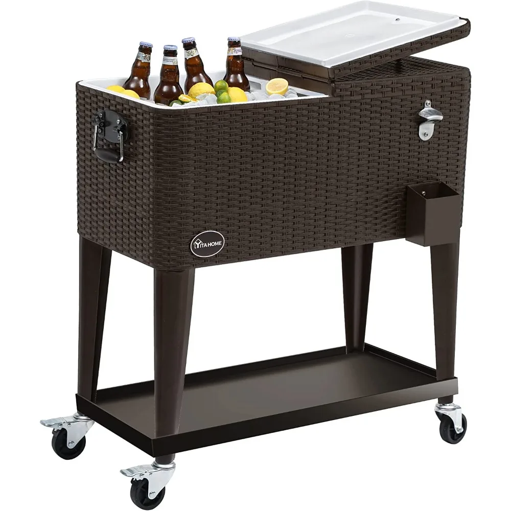 80 Quart Wicker Rolling Cooler Cart with Bottle Opener Drainage Rattan Rolling