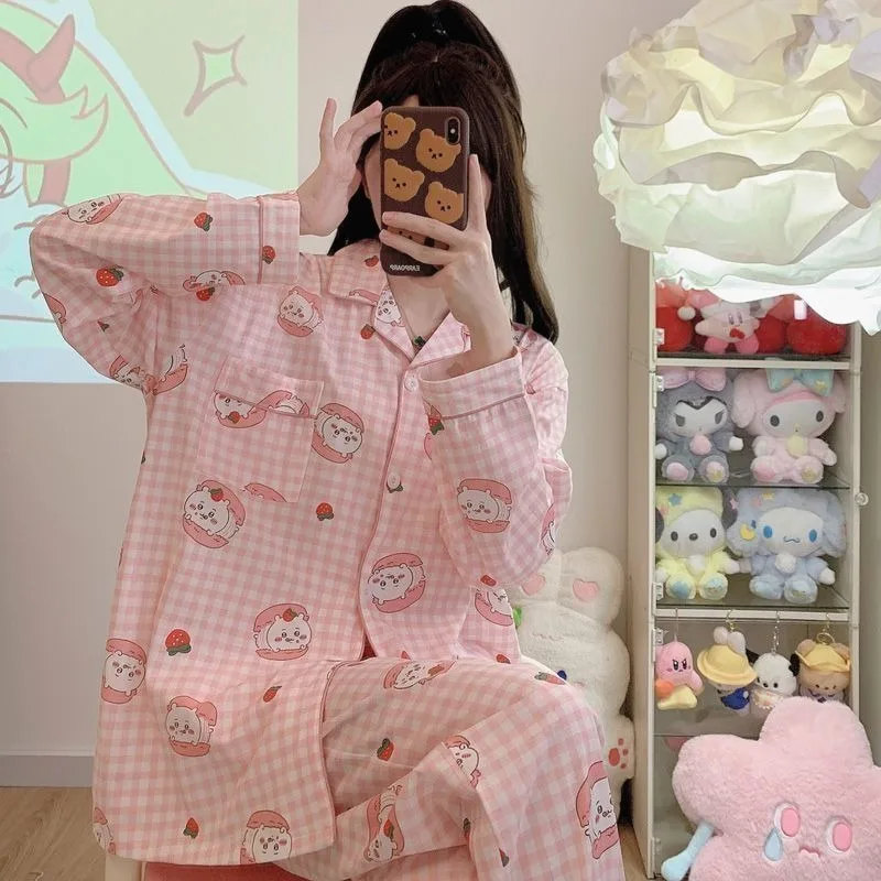 

Anime Chiikawa Cute Cartoon Printed Pajamas Set for Women Spring Japanese Style Lapel Long Sleeve Cardigan Pants Casual Homewear