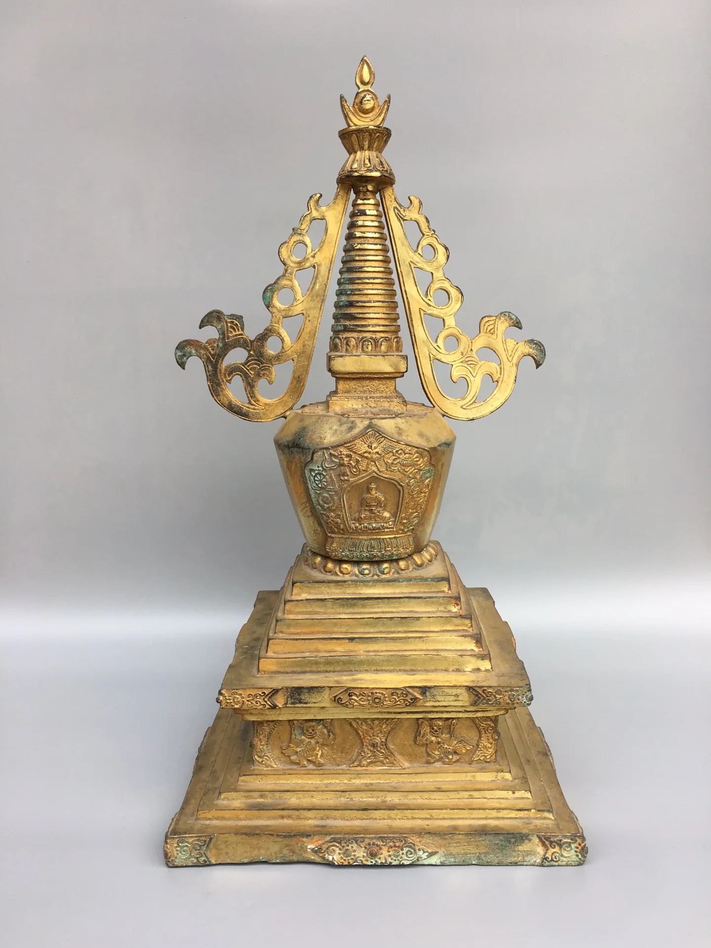 

18"Tibet Temple Collection Old Bronze Gilded Cinnabar Shakyamuni Buddha Pagoda Pagoda Amitabha Worship Hall Town house